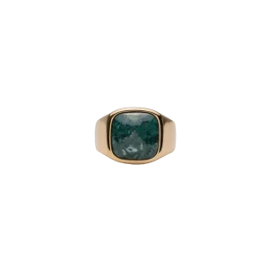 IX Cushion Signet Ring Green Marble Gold 14K